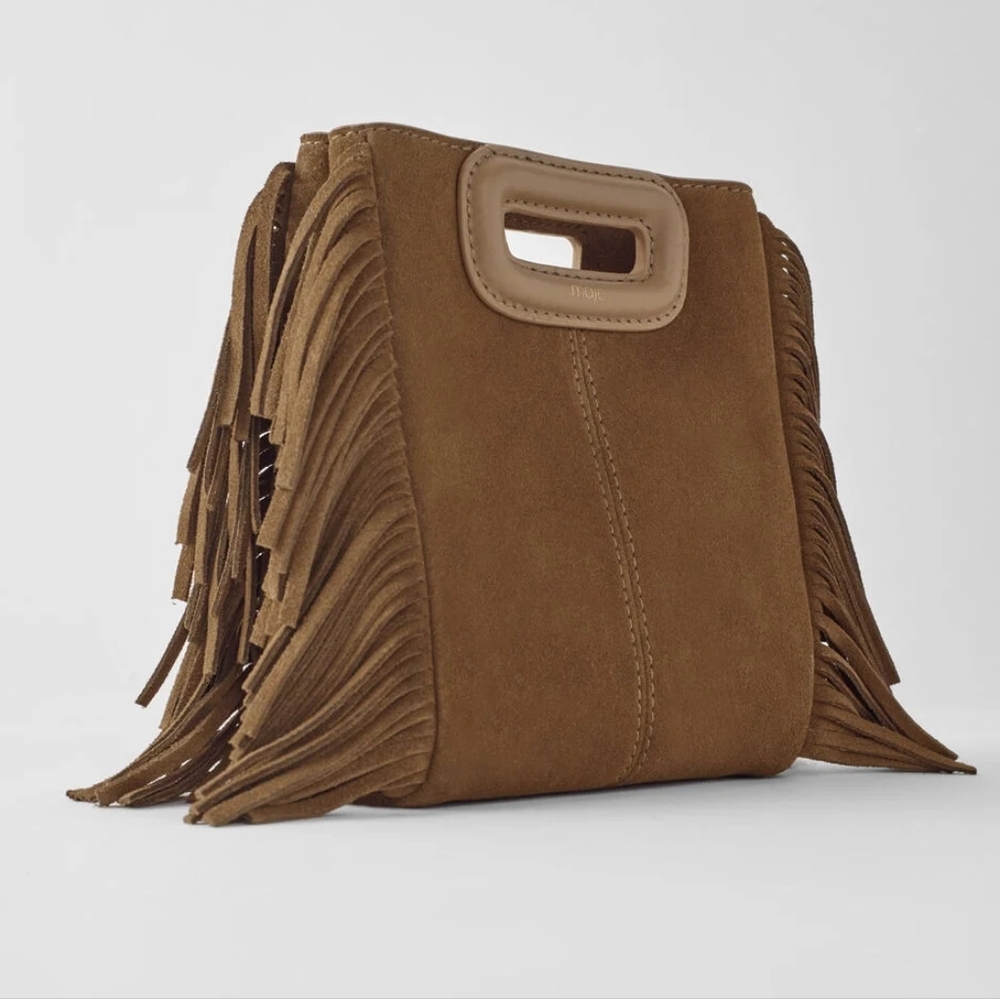 NWT Maje Suede Leather Fringed M Bag in Camel